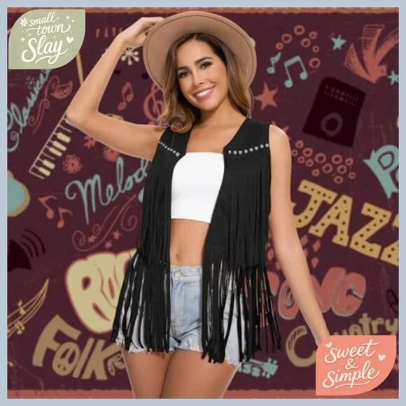 Large Faux Suede Fringe Vest 60s 70s Hippie Western Tassel Sleeveless - Picture 5 of 6